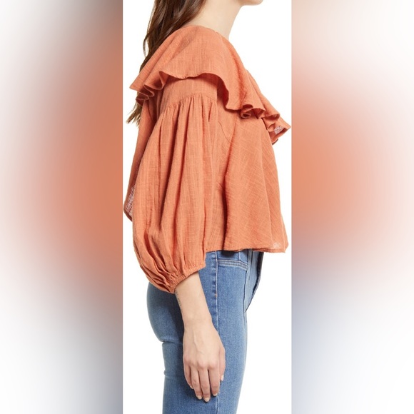 Free People Boho Orange Ginger Spice Zuri Ruffle Open Back Blouse size XS EUC - Picture 3 of 13